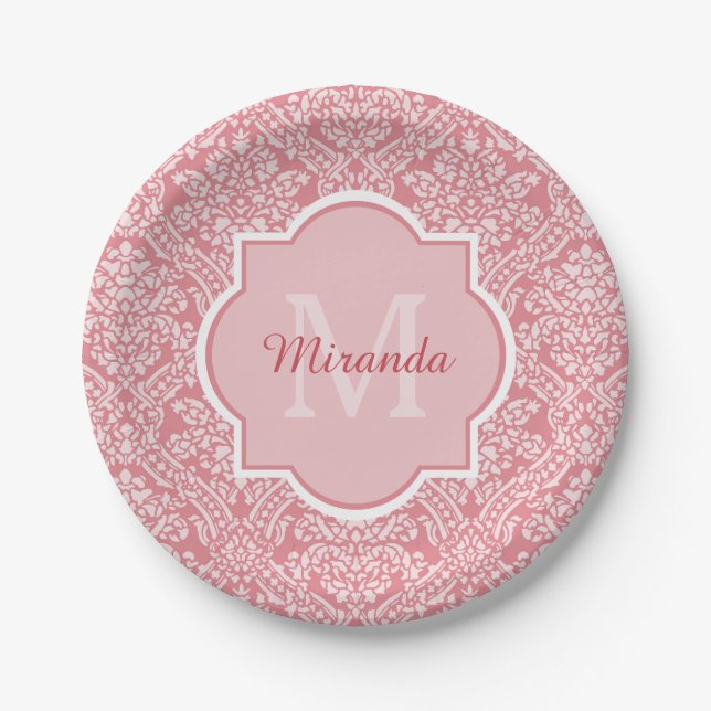 Pretty Pink Damask Pattern Monogram With Name Paper Plate (Front)