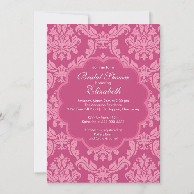 Pretty Pink Damask Spring Bridal Shower Invitation (Front)