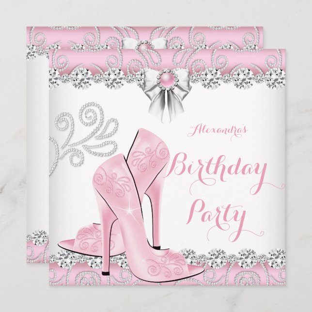 Pretty Pink Diamond High Heels Birthday Party Invitation (Front/Back)