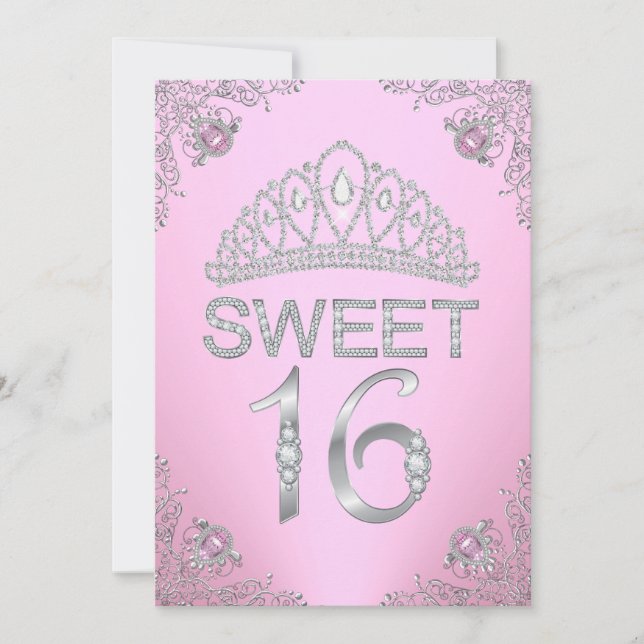 Pretty Pink Diamond Tiara Sweet 16 Invitation (Front)