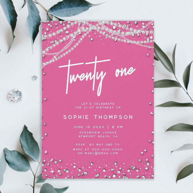 Pretty Pink Diamonds Pearls Elegant 21st Birthday Invitation (diamonds and pearls 21st birthday invite for girls pretty pink elegant classy modern girly feminine)