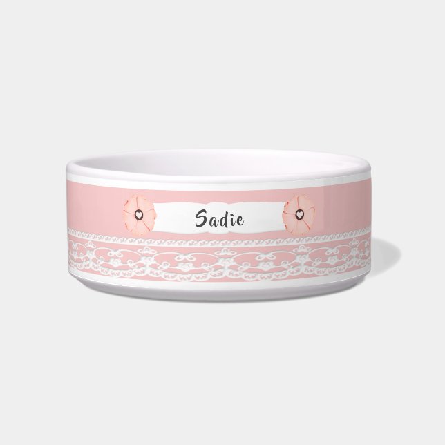 Pretty Pink Dog Bowl with Flowers and Lace (Front)