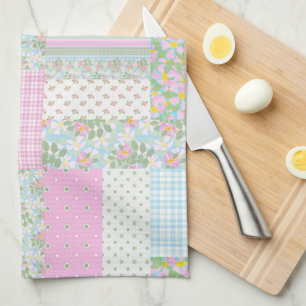 Pretty Pink Dog Rose Faux Patchwork Kitchen Towel