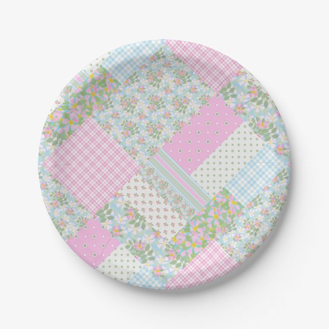 Pretty Pink Dog Rose Faux Patchwork Paper Plate (Front)