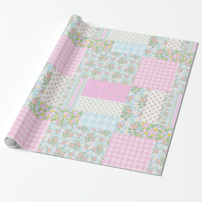 Pretty Pink Dog Rose Faux Patchwork Wrapping Paper (Unrolled)