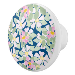 Pretty Pink Dog Roses on Dark Blue Pattern Ceramic Knob