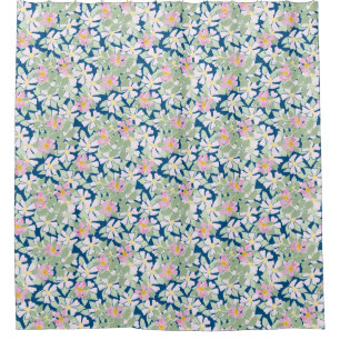 Pretty Pink Dog Roses on Deep Bluee Floral Pattern Shower Curtain
