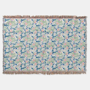 Pretty Pink Dog Roses on Navy Blue Blue Floral Throw Blanket