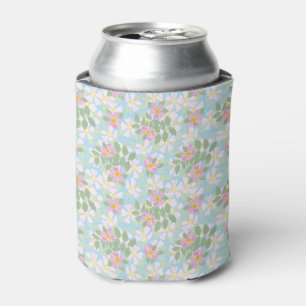 Pretty Pink Dog Roses on Sky Blue Can Cooler