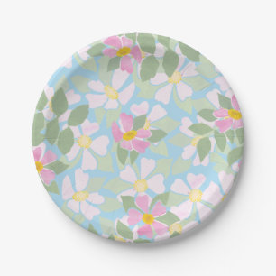 Pretty Pink Dog Roses on Sky Blue Paper Plate