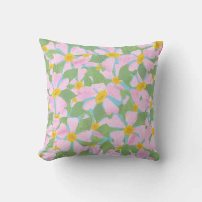 Pretty Pink Dog Roses on Sky Blue Pattern Cushion (Front)