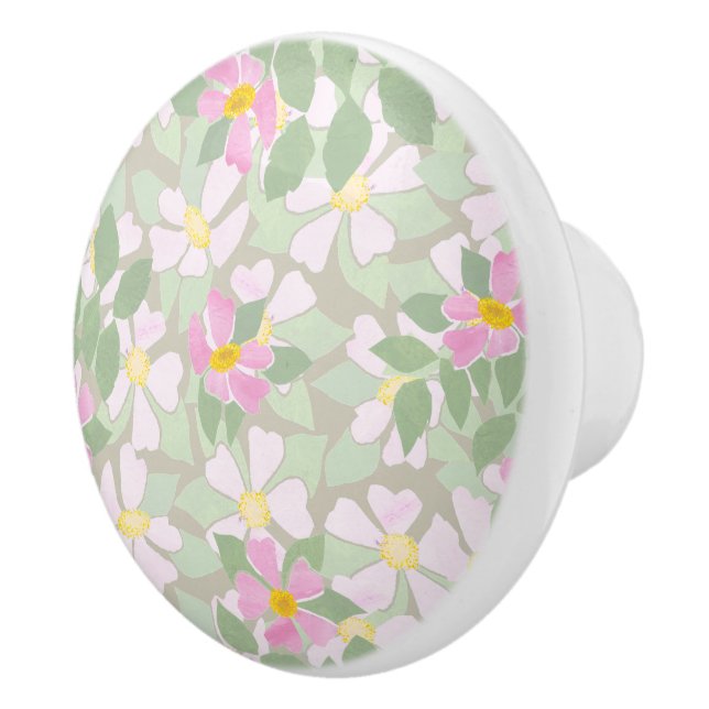 Pretty Pink Dog Roses on Taupe Pattern Ceramic Knob (Right)