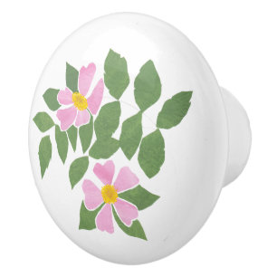 Pretty Pink Dog Roses on White Background Ceramic Knob