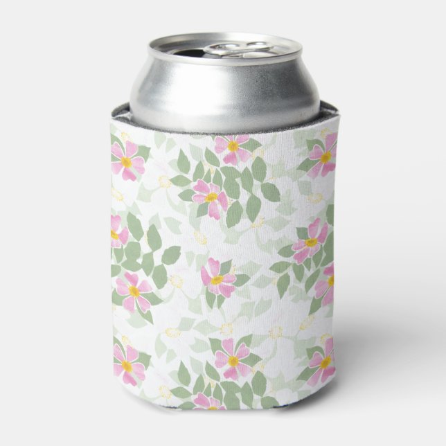 Pretty Pink Dog Roses on White Can Cooler (Can Front)