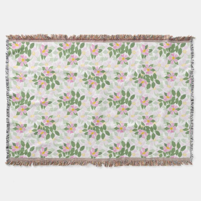 Pretty Pink Dog Roses on White Pattern Throw Blanket (Front)