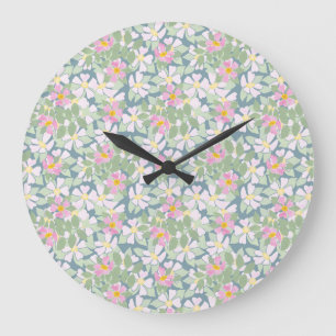 Pretty Pink Dogroses on Deep Blue Round Wall Clock