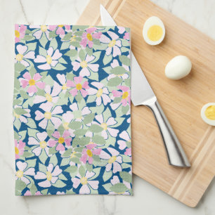 Pretty Pink Dogroses on Navy Blue Kitchen Towel