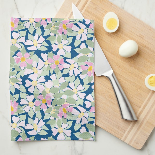 Pretty Pink Dogroses on Navy Blue Kitchen Towel (Quarter Fold)