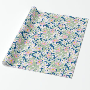 Pretty Pink Dogroses on Navy Blue Wrapping Paper