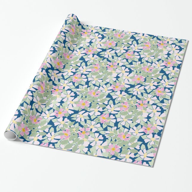 Pretty Pink Dogroses on Navy Blue Wrapping Paper (Unrolled)