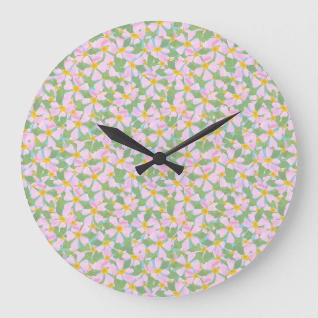 Pretty Pink Dogroses on Sky Blue Round Wall Clock (Front)