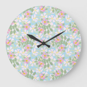 Pretty Pink Dogroses on Sky Blue Round Wall Clock