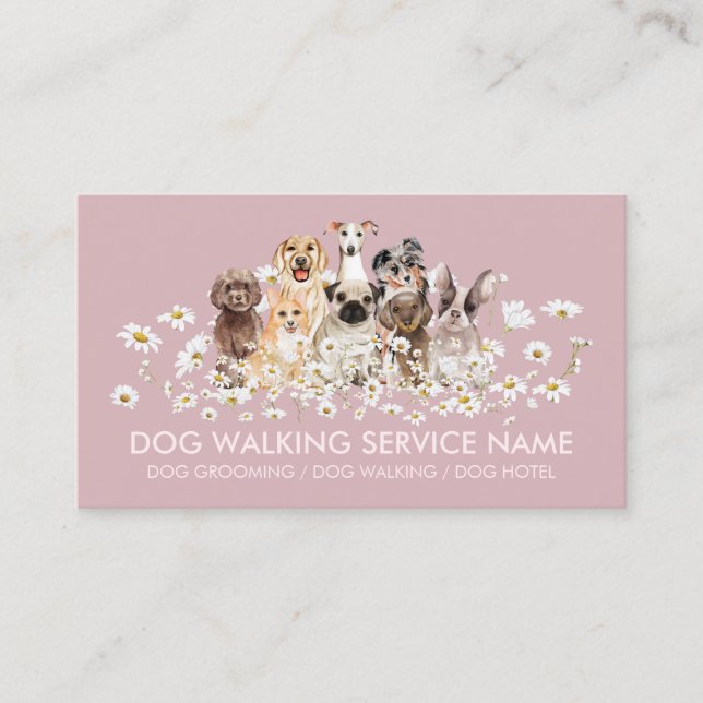 Pretty Pink Dogs in Daisies, Pet Groom, Pet Care Business Card (Front)