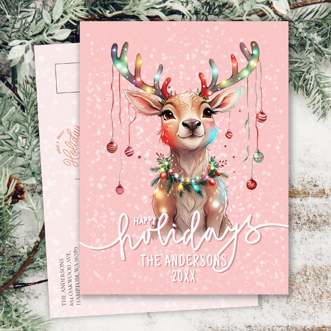 Pretty Pink Dreamy Reindeer and Christmas Lights Postcard (Creator Uploaded)
