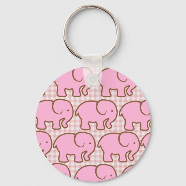 Pretty Pink Elephants on Pink Plaid Pattern Key Ring (Front)