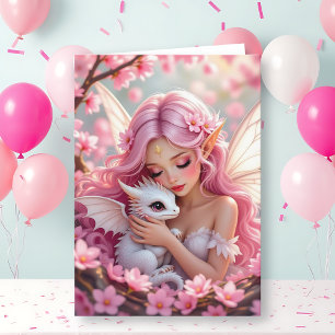 Pretty Pink Elven Fairy & Dragon Happy Birthday Card