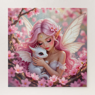 Pretty Pink Elven Fairy & Dragon Jigsaw Puzzle