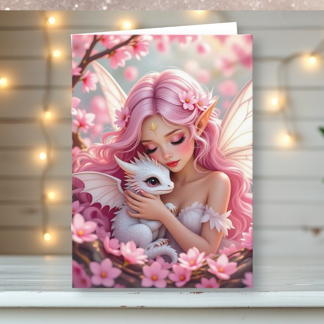 Pretty Pink Elven Fairy & Dragon | Thinking of You Card (Creator Uploaded)