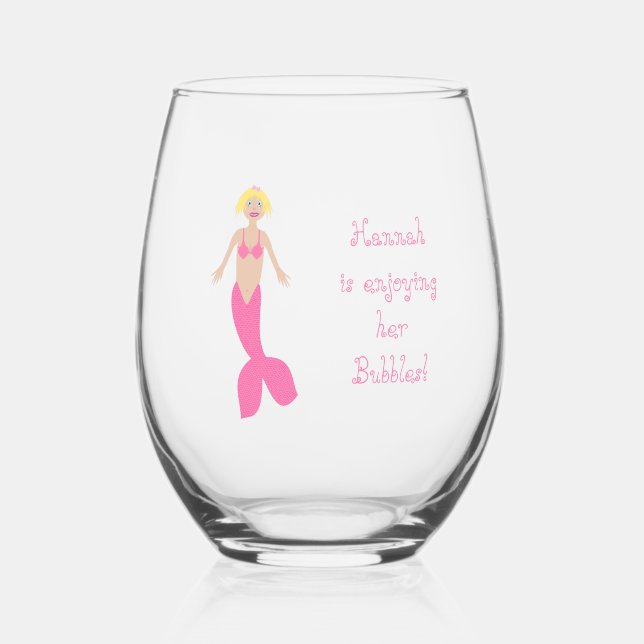 Pretty Pink Fantasy Mermaid Custom Message Stemless Wine Glass (Front)