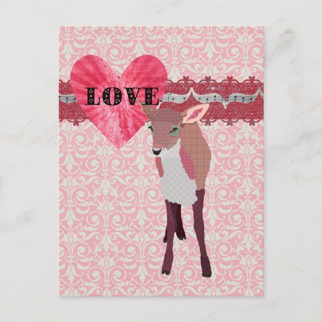 Pretty Pink Fawn Love  Damask  Postcard (Front)