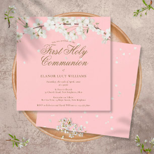 Pretty Pink First Holy Communion White Blossom Invitation