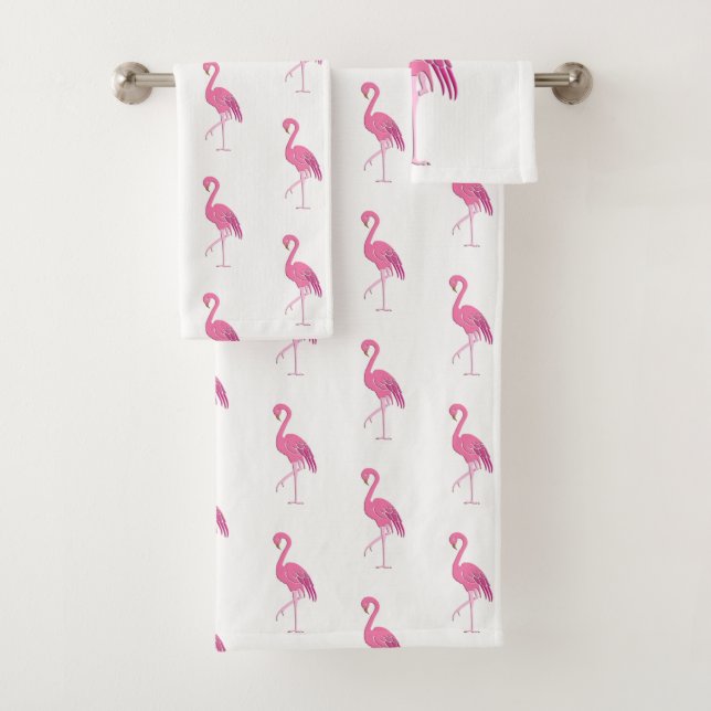 Pretty pink flamingo, fuchsia and white bath towel set (Insitu)