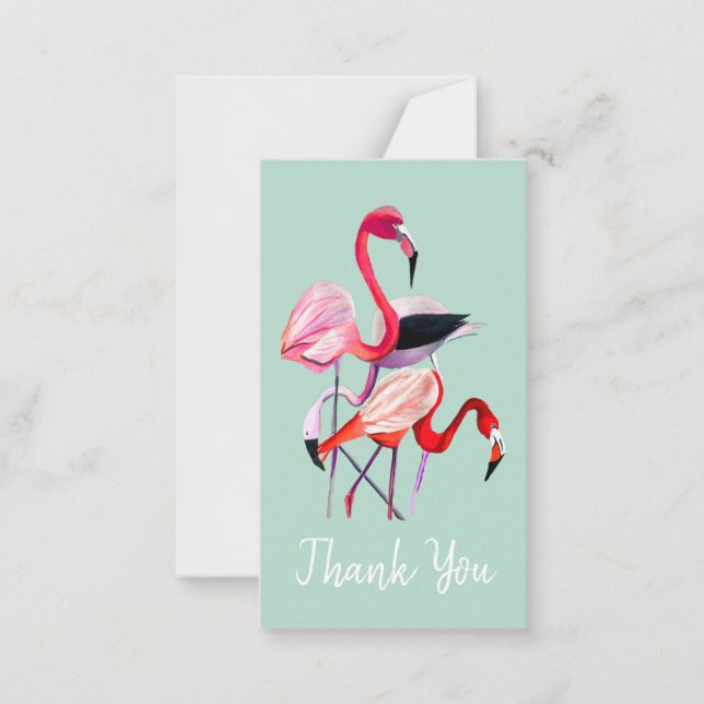 Pretty pink flamingo on blue card (Front)