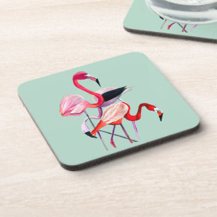 Pretty pink flamingo on blue coaster