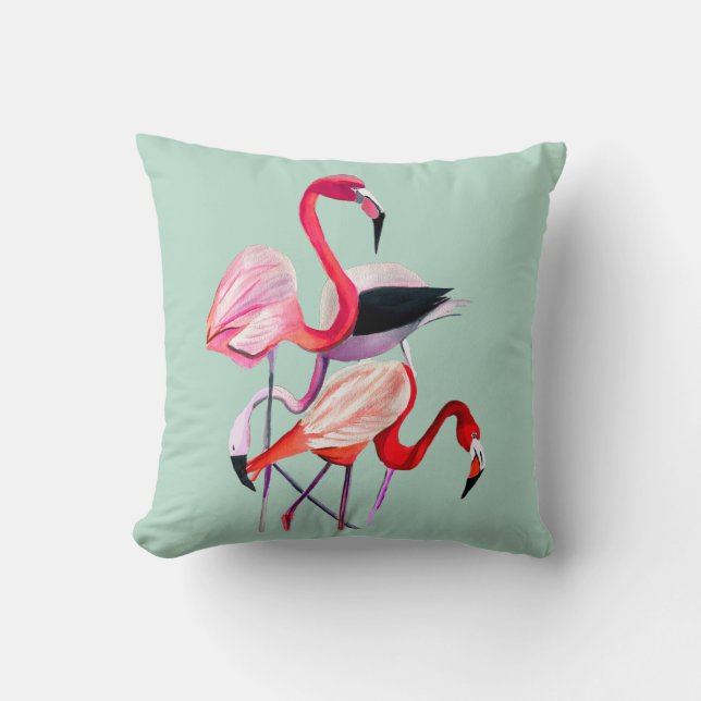 Pretty pink flamingo on blue cushion (Front)