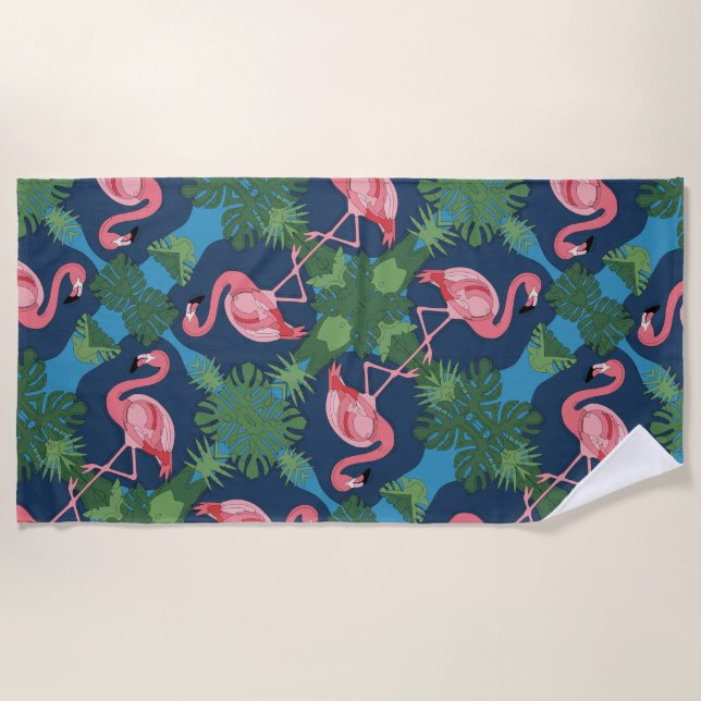 Pretty Pink Flamingo Pattern Beach Towel (Front)