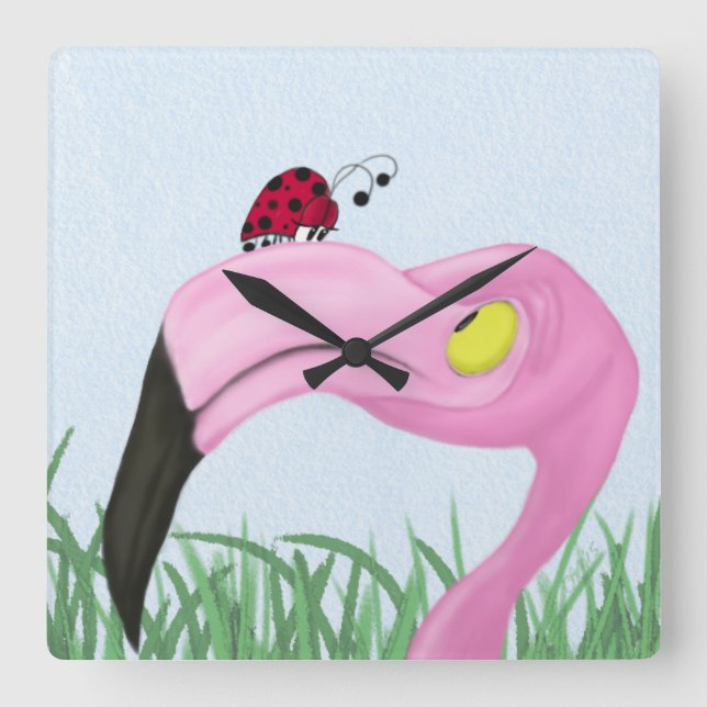 Pretty Pink Flamingo Square Wall Clock (Front)