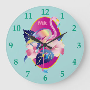 Pretty Pink Flamingo Tropical Hibiscus Flowers Large Clock