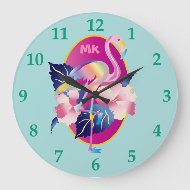 Pretty Pink Flamingo Tropical Hibiscus Flowers Large Clock (Front)