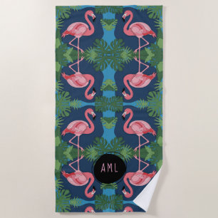 Pretty Pink Flamingo with Name Beach Towel