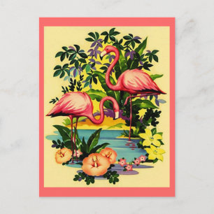 PRETTY PINK FLAMINGOS IN TROPICAL FOREST POSTCARD