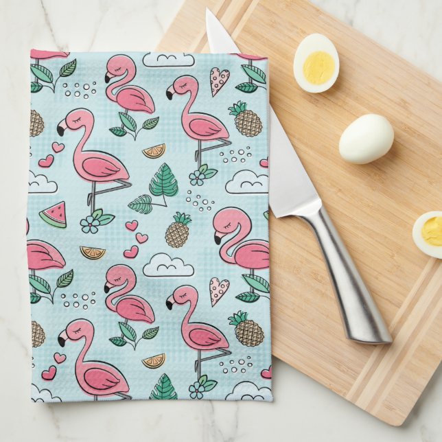 Pretty Pink Flamingos kitchen Tea Towel (Quarter Fold)