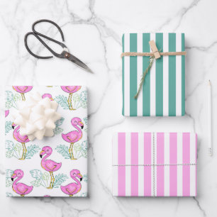 Pretty Pink Flamingos Wrapping Paper Set of 3