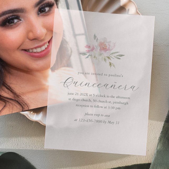 Pretty Pink Floral 15 Years Birthday Quinceañera Vellum Invitations (Creator Uploaded)
