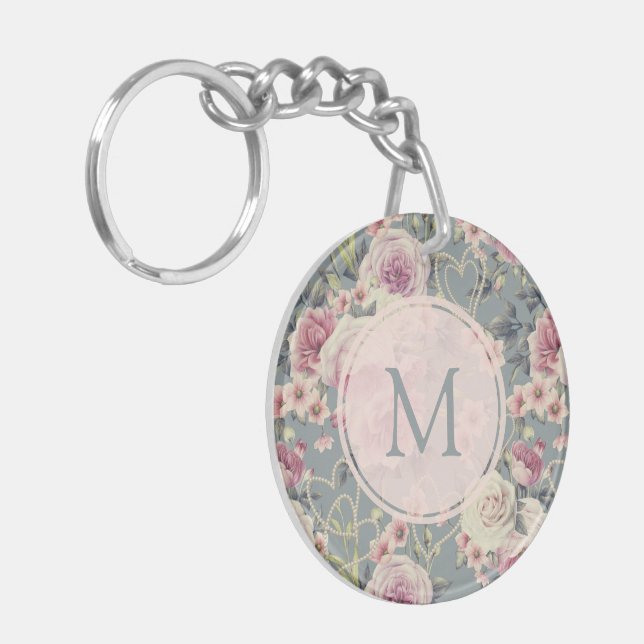Pretty Pink Floral and Pearls Girly Monogram Key Ring (Front Left)