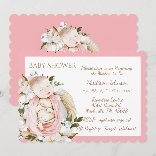 Pretty Pink Floral Baby Girl Baby Shower Invitation (Front/Back)
